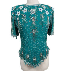 Vintage 80s Sequin Hi Fashions Beaded Silk Top – Teal Small